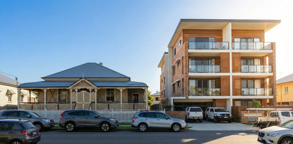 A typical Queenslander home that we all love, dwarfed by a modern 4-storey apartment development built right next door — a little taste of what's to come with Brisbane's proposed More Homes Sooner policy on our suburbs.